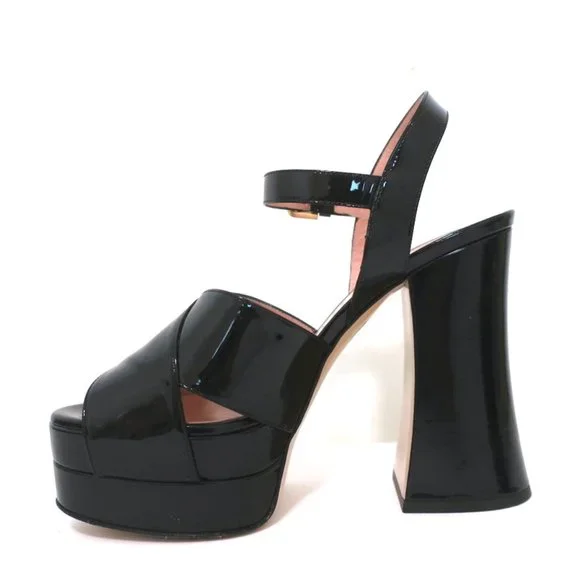 MOSCHINO PLATFORM FLARE-HEEL SANDALS BLACK PATENT LEATHER SIZE 38.5 - Picture 7 of 11